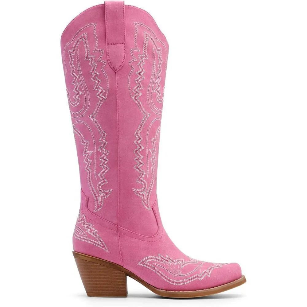 Women's Hot Pink Square Toe Comfortable Side Zipper Tall Cowboy Knee High Boots